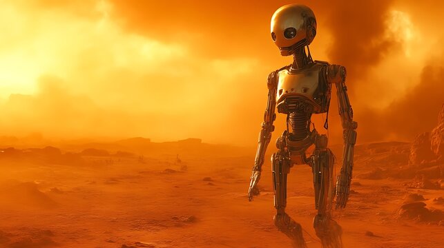 Rusty robot on Martian landscape at sunset