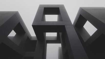 Black and white photograph of three tall, geometric structures. the structures appear to be made of concrete or stone and are arranged in a way that creates a sense of depth and dimension.