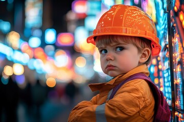 Child dressed in construction attire stands in a vibrant, illuminated cityscape at night, exuding a mix of curiosity and seriousness