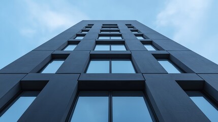 Close-up of a tall, modern building with multiple windows. the building appears to be made of concrete or a similar material and has a dark grey color.