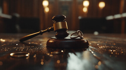 Obraz premium Judge's gavel with intertwined wedding rings in dramatic courtroom lighting symbolizing marriage, divorce, and legal decisions