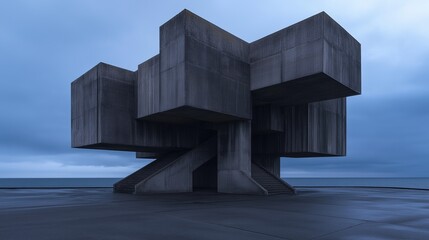 Obraz premium Photograph of a modern, abstract sculpture made of concrete blocks. the sculpture is in the shape of a cube, with a triangular base and a triangular top.