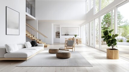 Bright and airy white living room featuring stylish Scandinavian furniture and abundant natural light.