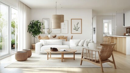 Bright and airy white living room featuring stylish Scandinavian furniture and abundant natural light.