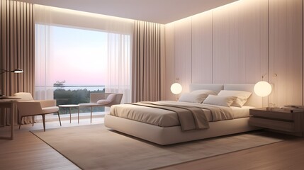 Cozy and Calming Minimalist Bedroom with Soft Pastel Tones Warm Lighting and Inviting Textures for a Peaceful Relaxing Atmosphere