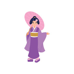 Illustration of a Japanese girl wearing a kimano and holding an umbrella
