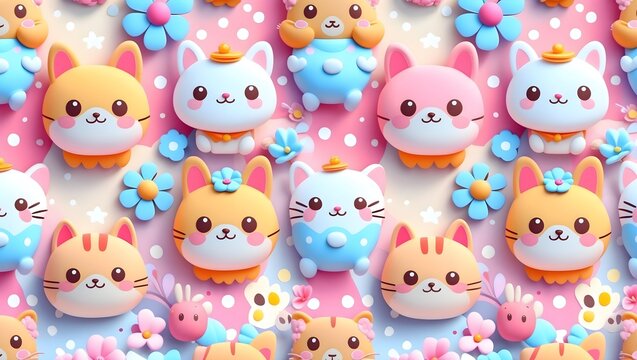 Adorable Kawaii Cats and Bears Characters Pattern, Top-Down Arrangement with Flowers on Polkadot Background, Sweet Spring Motif for Baby Bedding Fabric Design