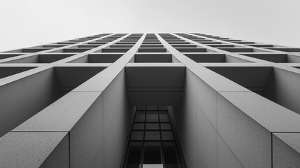 Obraz premium Black and white photograph of a tall, modern building. the building appears to be made of concrete or concrete and has a geometric pattern on its exterior.