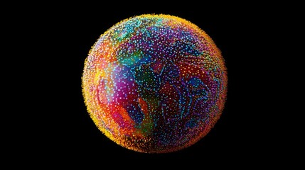 A vibrant 3D sphere made of dots, dynamically bursting against a dark background in an abstract artistic style. 