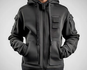 Techwear Hoodie with Futuristic Zipper Pockets and Minimalistic Style