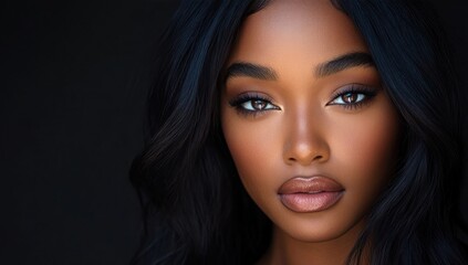 Fototapeta premium A close-up portrait of a beautiful black woman with long shiny hair and make-up . Haircare, beauty and cosmetics concept.
