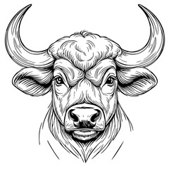 Bull Head Illustration – Hand Drawn Black and White Livestock Line Art for Tattoo, Logo, Zodiac, or Farm-Themed Poster Design