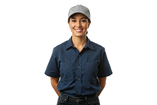 Portrait of a smiling manufacture female worker wearing a hat, transparent PNG, isolated, cut-out