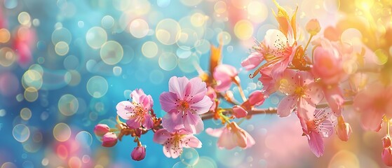 Pink cherry blossom flowers blooming in spring with Easter atmosphere, sunlit garden and vibrant blue, yellow, and white bokeh background