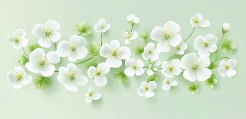  Spring background with pastel green and white flowers. Springtime banner template for design, text Spring in the center on the background.