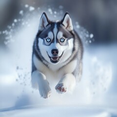 Naklejka premium Joyful Husky Leaps Through Snowy Wonderland: A Portrait of Pure Canine Exuberance in Winter 