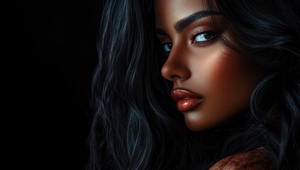Fototapeta premium A close-up portrait of a beautiful black woman with long shiny hair and make-up . Haircare, beauty and cosmetics concept.
