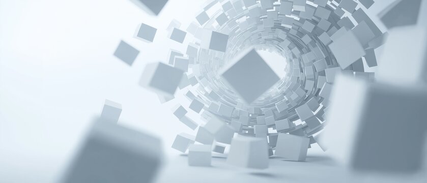 Fototapeta 3d rendering of a tunnel made up of small white cubes. the cubes are arranged in a circular pattern, creating a sense of depth and dimension.