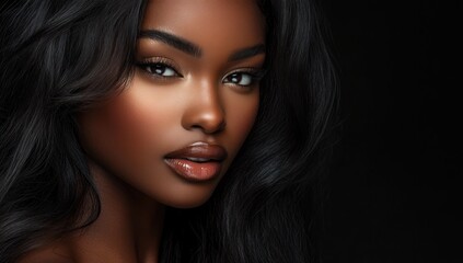Fototapeta premium A close-up portrait of a beautiful black woman with long shiny hair and make-up . Haircare, beauty and cosmetics concept.