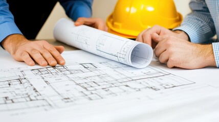 Construction workers collaborating with an architect, discussing project plans and designs on a construction site.