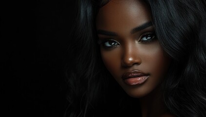 Fototapeta premium A close-up portrait of a beautiful black woman with long shiny hair and make-up . Haircare, beauty and cosmetics concept.
