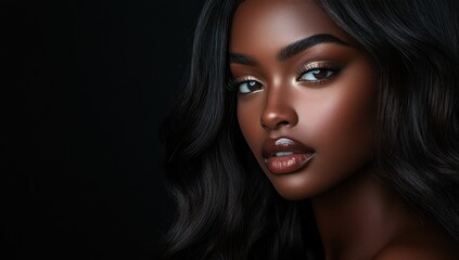 Fototapeta premium A close-up portrait of a beautiful black woman with long shiny hair and make-up . Haircare, beauty and cosmetics concept.