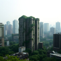 Obraz premium A post-apocalyptic city overgrown with nature, where vines crawl up the ruins of skyscrapers. The scene is peaceful yet haunting, showing the power of time and nature reclaiming the world.