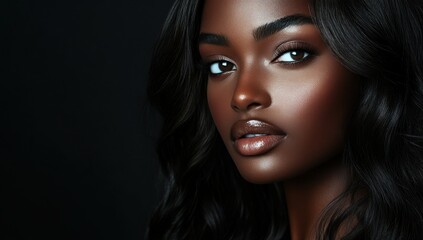 Fototapeta premium A close-up portrait of a beautiful black woman with long shiny hair and make-up . Haircare, beauty and cosmetics concept.