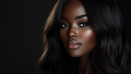 Fototapeta premium A close-up portrait of a beautiful black woman with long shiny hair and make-up . Haircare, beauty and cosmetics concept.