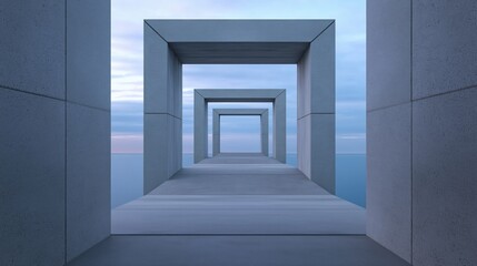 Obraz premium Long, narrow corridor with a concrete floor and walls on either side. the corridor is made up of three square-shaped structures, each with a unique design.