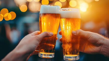 Cheers to friendship with two glasses of beer at sunset