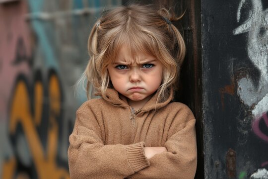Frustrated child standing against a colorful graffiti wall with arms crossed in a city setting