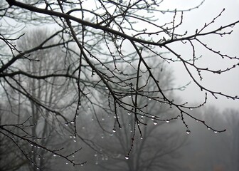 Water drops on branches of a tree in foggy winter day