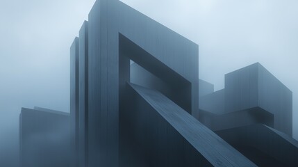 Digital art piece that appears to be a 3d rendering of a modern building. the building is made up of multiple layers of dark blue panels, creating a geometric pattern.