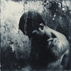Striking Monochrome Portrait: A Male Figure Emerges from Textured Darkness, Conveying Intensity and Raw Emotion