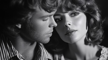 Fototapeta premium A beautiful couple posing closely together in a classic black and white style
