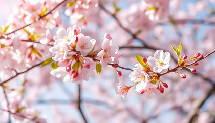Obraz premium Sakura background with flower blossom and April floral nature on pink