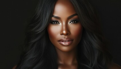 Fototapeta premium A close-up portrait of a beautiful black woman with long shiny hair and make-up . Haircare, beauty and cosmetics concept.