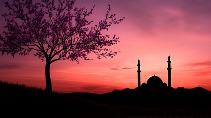 Silhouette Mosque Sunset Blossom Tree Landscape