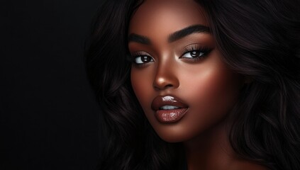 Fototapeta premium A close-up portrait of a beautiful black woman with long shiny hair and make-up . Haircare, beauty and cosmetics concept.