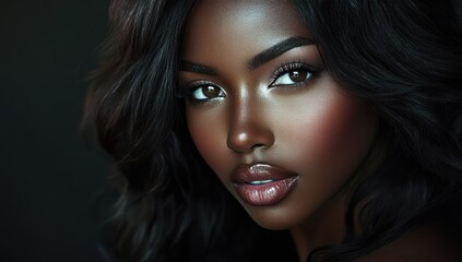 Fototapeta premium A close-up portrait of a beautiful black woman with long shiny hair and make-up . Haircare, beauty and cosmetics concept.