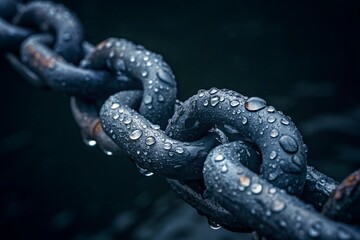Closeup of chain with water droplets on dark background