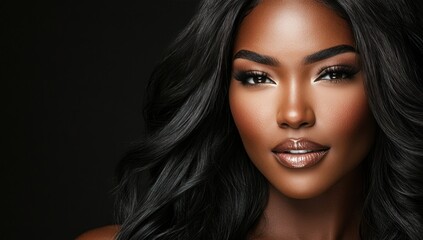 Fototapeta premium A close-up portrait of a beautiful black woman with long shiny hair and make-up . Haircare, beauty and cosmetics concept.