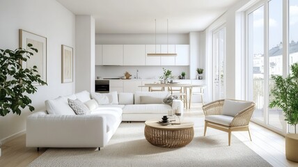 Bright and airy white living room featuring stylish Scandinavian furniture and abundant natural light.