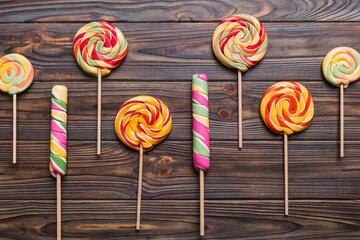 Set of colorful lollipops on colored background. Summer concept. Party Happy Birthday or Minimalist...