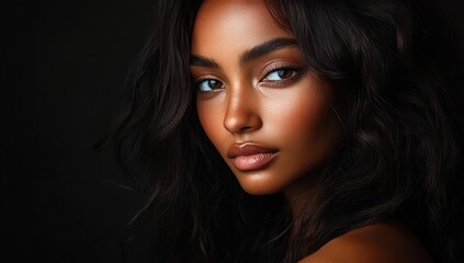 Fototapeta premium A close-up portrait of a beautiful black woman with long shiny hair and make-up . Haircare, beauty and cosmetics concept.