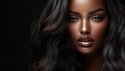 Fototapeta premium A close-up portrait of a beautiful black woman with long shiny hair and make-up . Haircare, beauty and cosmetics concept.