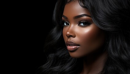 Fototapeta premium A close-up portrait of a beautiful black woman with long shiny hair and make-up . Haircare, beauty and cosmetics concept.