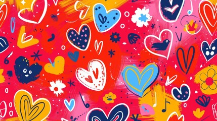 Colorful hearts pattern, playful design, vibrant background, abstract art