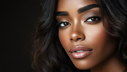 Fototapeta premium A close-up portrait of a beautiful black woman with long shiny hair and make-up . Haircare, beauty and cosmetics concept.
